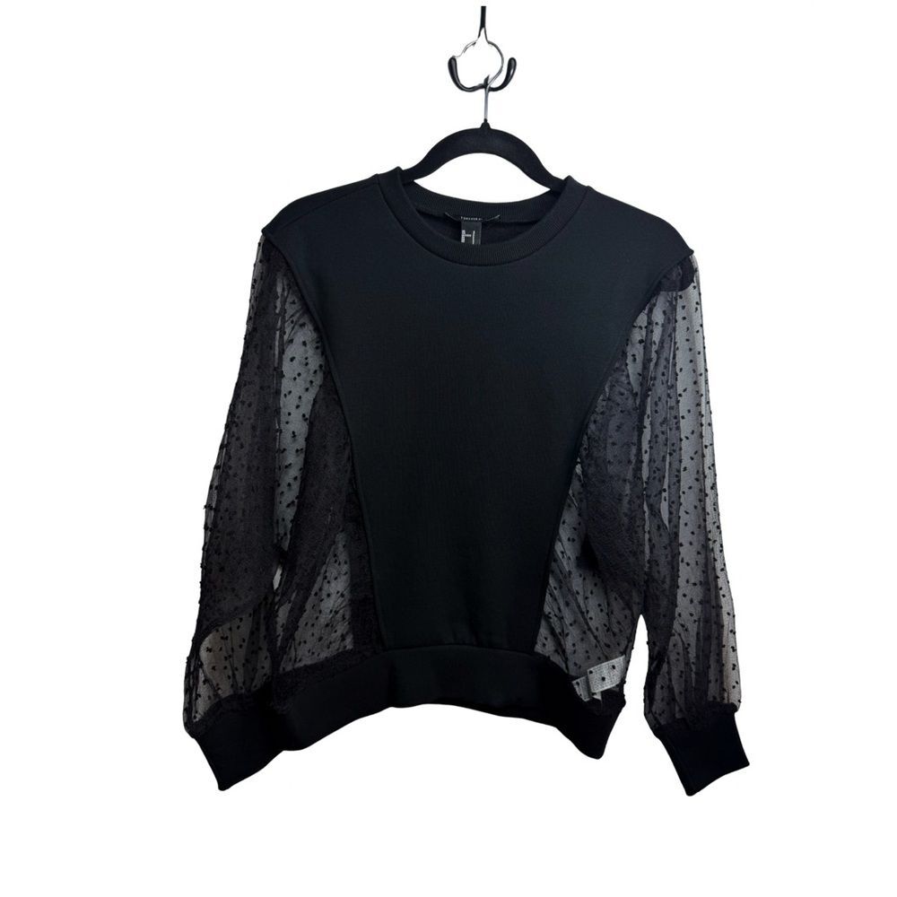 Forever 21 Black Sheer Swiss Dot Mesh Sleeve Crewneck Sweatshirt Whimsigoth Sz S